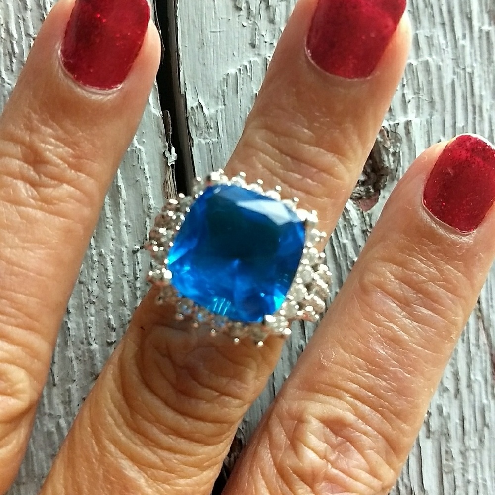 Size 6.5 London blue topaz & CZ on 925 Signed